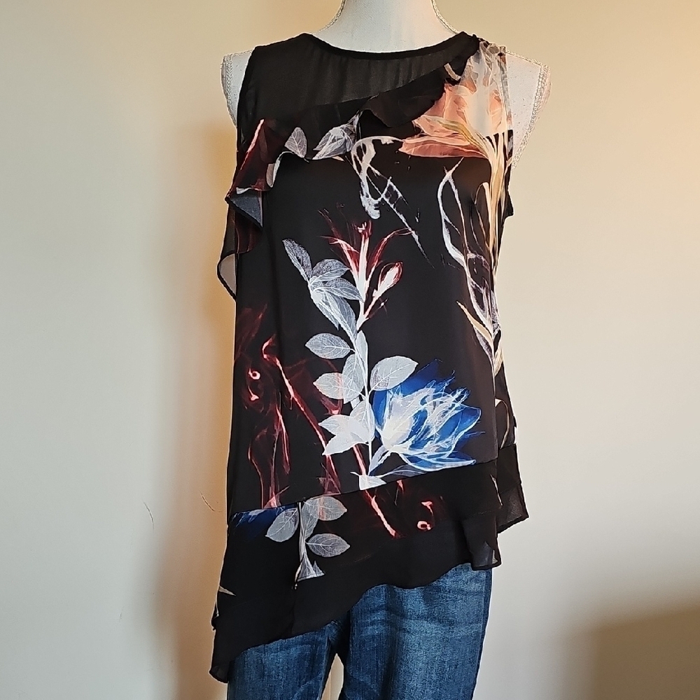 White House Black Market Black Floral Ruffle Blouse